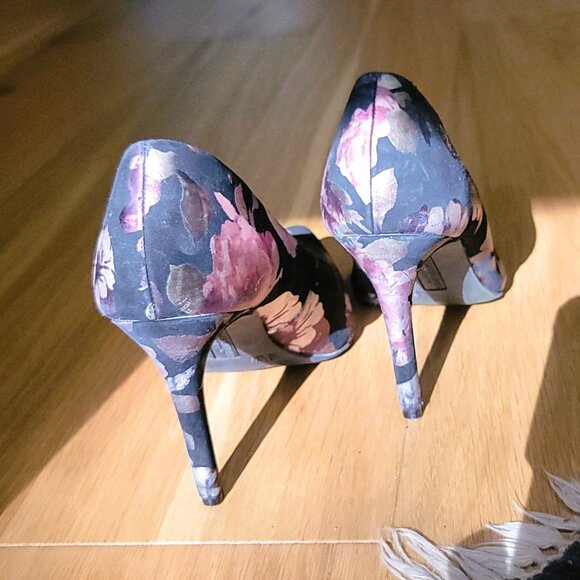 Chic Black Floral Pink Cream Lilac Design Silk Sheen Stiletto Heels 5.5 Comfort - Picture 12 of 16